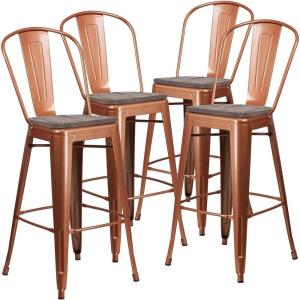 Flash Furniture 30″ High Copper Metal Barstool with Back and Wood Seat(4)