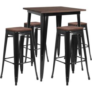 Flash Furniture 31.5″ Square Metal Bar Table Set with Wood Top and 4 Backless Stools, Black