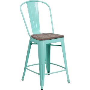 Flash Furniture Carly 24″ High Mint Green Metal Counter Height Stool with Back and Wood Seat(1)
