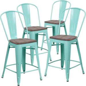 Flash Furniture Carly 24″ High Mint Green Metal Counter Height Stool with Back and Wood Seat(4)