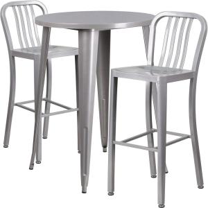 Flash Furniture Commercial Grade 30″ Round Black Metal Indoor-Outdoor Bar Table Set with 2 Vertical Slat Back Stools(Silver)
