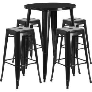 Flash Furniture Commercial Grade 30″ Round Black Metal Indoor-Outdoor Bar Table Set with 4 Square Seat Backless Stools(Black)