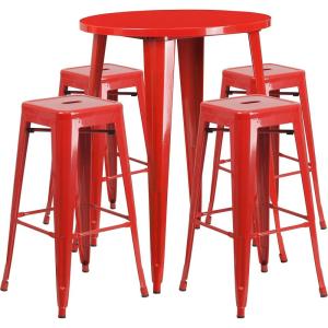 Flash Furniture Commercial Grade 30″ Round Black Metal Indoor-Outdoor Bar Table Set with 4 Square Seat Backless Stools(Red)