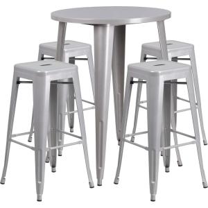 Flash Furniture Commercial Grade 30″ Round Black Metal Indoor-Outdoor Bar Table Set with 4 Square Seat Backless Stools(Silver)