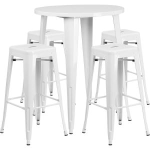 Flash Furniture Commercial Grade 30″ Round Black Metal Indoor-Outdoor Bar Table Set with 4 Square Seat Backless Stools(White)