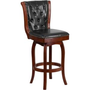 Flash Furniture Ellison 30” High Cappuccino Wood Barstool with Button Tufted Back and Black LeatherSoft Swivel Seat(Cherry)