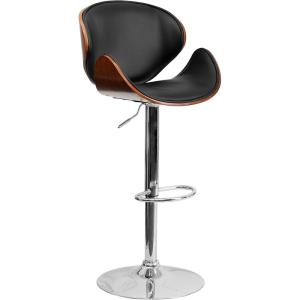 Flash Furniture Farley Beech Bentwood Adjustable Height Barstool with Curved Back and Black Vinyl Seat(Walnut)