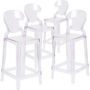 Flash Furniture Ghost Counter Stool with Tear Back in Transparent Crystal(Pack of 4)