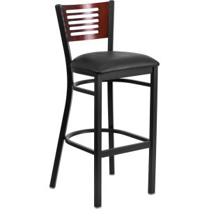 Flash Furniture HERCULES Series Black Slat Back Metal Restaurant Barstool – Walnut Wood Back & Seat (Pack of 1)(Mahogany Wood Back/Black Vinyl Seat/Black Metal Frame)