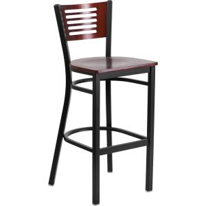 Flash Furniture HERCULES Series Black Slat Back Metal Restaurant Barstool – Walnut Wood Back & Seat (Pack of 1)(Mahogany Wood Back/Mahogany Wood Seat/Black Metal Frame)
