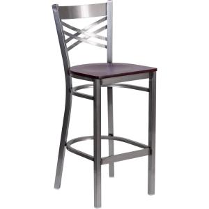 Flash Furniture HERCULES Series Clear Coated ”X” Back Metal Restaurant Barstool – Black Vinyl Seat(Mahogany Wood Seat/Clear Coated Metal Frame)