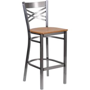 Flash Furniture HERCULES Series Clear Coated ”X” Back Metal Restaurant Barstool – Black Vinyl Seat(Natural Wood Seat/Clear Coated Metal Frame)