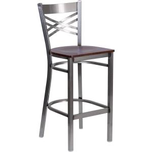 Flash Furniture HERCULES Series Clear Coated ”X” Back Metal Restaurant Barstool – Black Vinyl Seat(Walnut Wood Seat/Clear Coated Metal Frame)