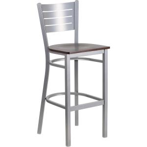 Flash Furniture HERCULES Series Silver Slat Back Metal Restaurant Barstool – Black Vinyl Seat(Walnut Wood Seat/Silver Frame)
