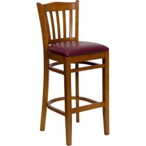 Flash Furniture HERCULES Series Vertical Slat Back Natural Wood Restaurant Barstool(Burgundy Vinyl Seat/Cherry Wood Frame)