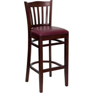 Flash Furniture HERCULES Series Vertical Slat Back Natural Wood Restaurant Barstool(Burgundy Vinyl Seat/Mahogany Wood Frame)
