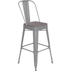 Flash Furniture Kai Commercial 30″ High Indoor-Outdoor Bar Height Stool – White Galvanized Steel Frame – Gray Square All-Weather Poly Resin Seat – Removable Back(Silver/Gray)