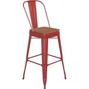 Flash Furniture Kai Commercial 30″ High Indoor-Outdoor Bar Height Stool – White Galvanized Steel Frame – Gray Square All-Weather Poly Resin Seat – Removable Back(Red/Teak)