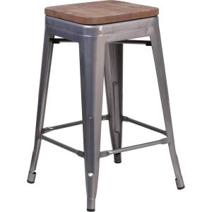 Flash Furniture Lincoln 24″ High Backless Clear Coated Metal Counter Height Stool with Square Wood Seat(1)
