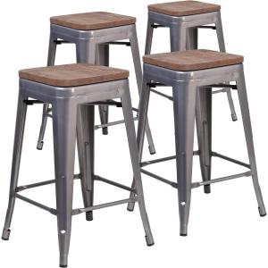 Flash Furniture Lincoln 24″ High Backless Clear Coated Metal Counter Height Stool with Square Wood Seat(4)