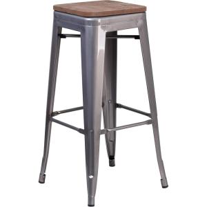 Flash Furniture Lincoln 30″ High Backless Clear Coated Metal Barstool with Square Wood Seat(1)