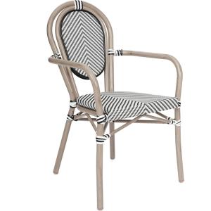 Flash Furniture Marseille Indoor/Outdoor Commercial Bistro Stack Chair – Curved Arms – Black Textilene Back and Seat – Natural Bamboo Print Metal Frame(Black & White/Light Natural Frame)