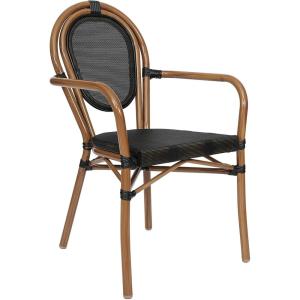 Flash Furniture Marseille Indoor/Outdoor Commercial Bistro Stack Chair – Curved Arms – Black Textilene Back and Seat – Natural Bamboo Print Metal Frame(Black/Natural Frame)