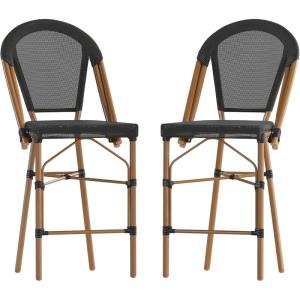 Flash Furniture Marseille Indoor/Outdoor Commercial Bistro Stacking Counter Stool – Black Textilene Back and Seat – Natural Bamboo Print Metal Frame, 2 Pack(Black/Natural Frame)