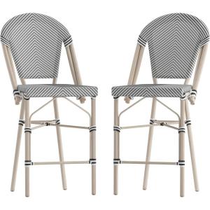 Flash Furniture Marseille Indoor/Outdoor Commercial Bistro Stacking Counter Stool – Black Textilene Back and Seat – Natural Bamboo Print Metal Frame, 2 Pack(Black & White/Light Natural Frame)