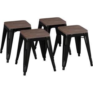 Flash Furniture Metal Dining Table Height Stool with Wooden Seat Set of 4 – Backless Teal Kai Commercial Grade Stool – Kai 18″ Stackable Dining Chairs(Black)