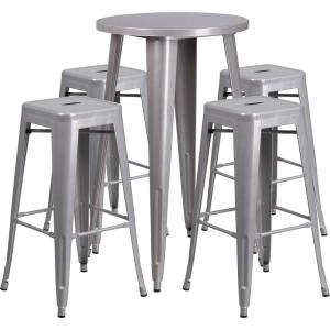 Flash Furniture Ormsby Commercial Grade 24″ Round Silver Metal Indoor-Outdoor Bar Table Set with 4 Square Seat Backless Stools(Silver)
