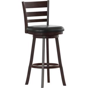 Flash Furniture Zerrick Commercial Classic Ladderback Barstool – Antique Oak Wood Frame – Black LeatherSoft Seat – Bar Height – 360° Swivel Seat – Footrest(Black Vinyl/Espresso Frame)