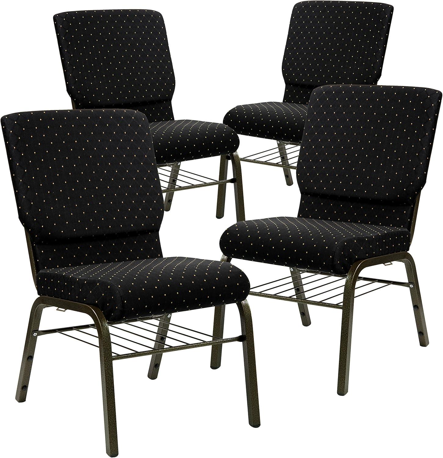 image:imageFlash Furniture 4 Pack HERCULES Series 185W Church Chair in Black Fabric with Book Rack Silver Vein FrameBlack Dot Patterned FabricGold Vein Frame