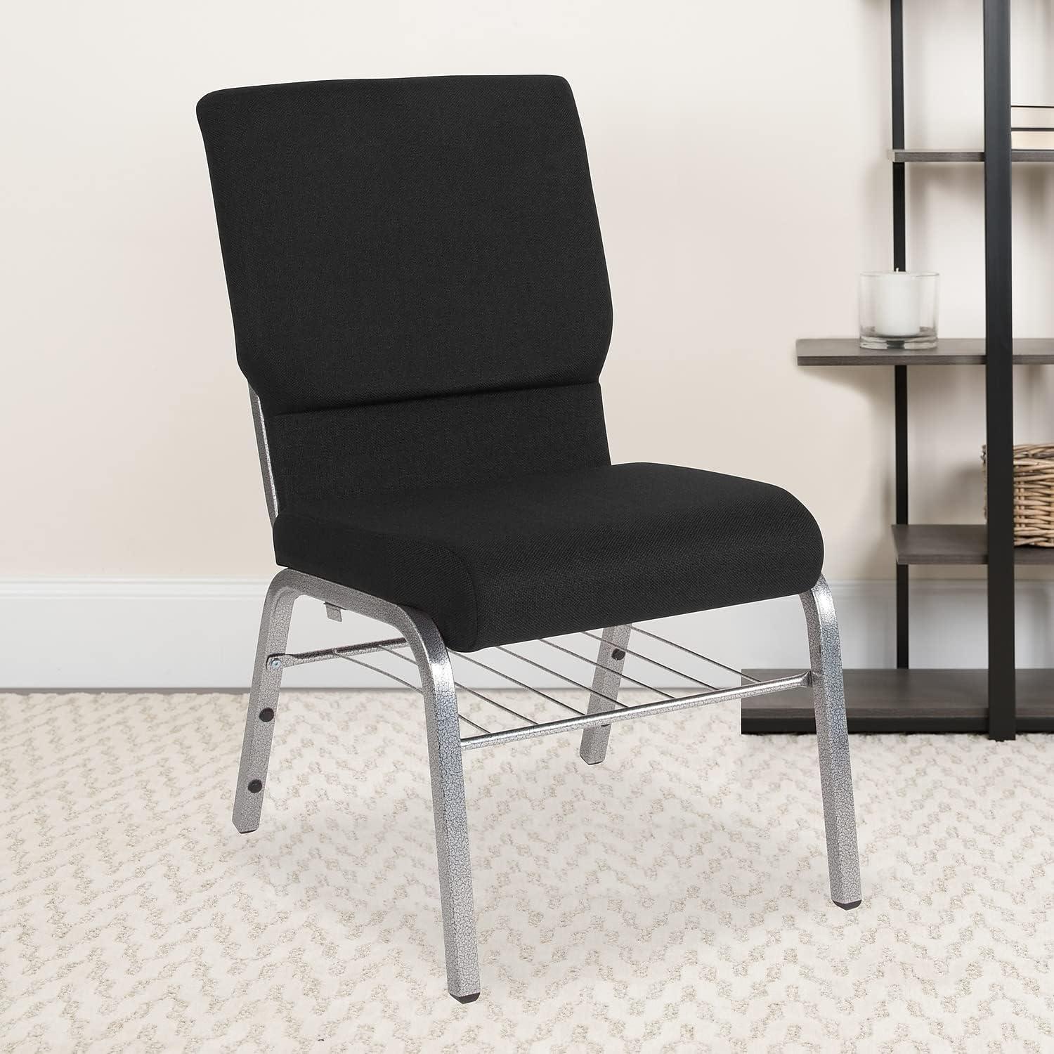 image:imageFlash Furniture 4 Pack HERCULES Series 185W Church Chair in Black Fabric with Book Rack Silver Vein FrameBlack FabricSilver Vein Frame