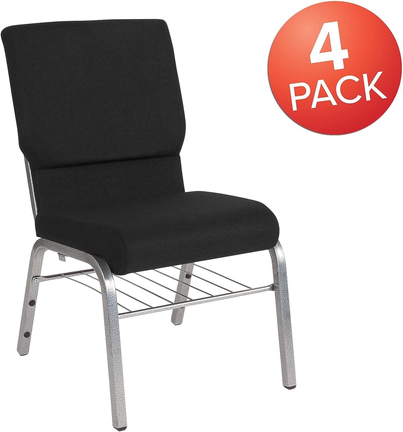 image:imageFlash Furniture 4 Pack HERCULES Series 185W Church Chair in Black Fabric with Book Rack Silver Vein FrameBlack FabricSilver Vein Frame