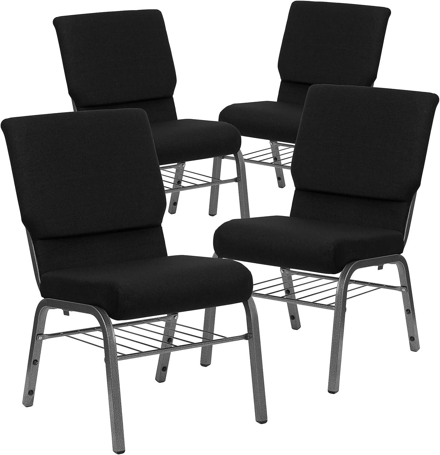 image:imageFlash Furniture 4 Pack HERCULES Series 185W Church Chair in Black Fabric with Book Rack Silver Vein FrameBlack FabricSilver Vein Frame