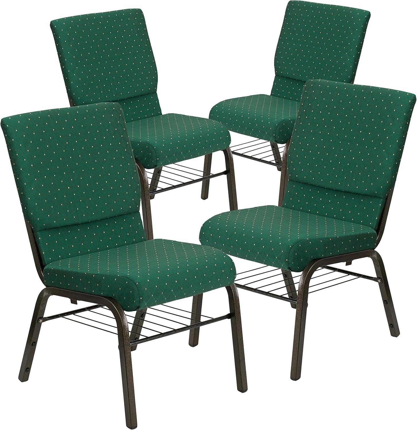 image:imageFlash Furniture 4 Pack HERCULES Series 185W Church Chair in Black Fabric with Book Rack Silver Vein FrameGreen Patterned FabricGold Vein Frame