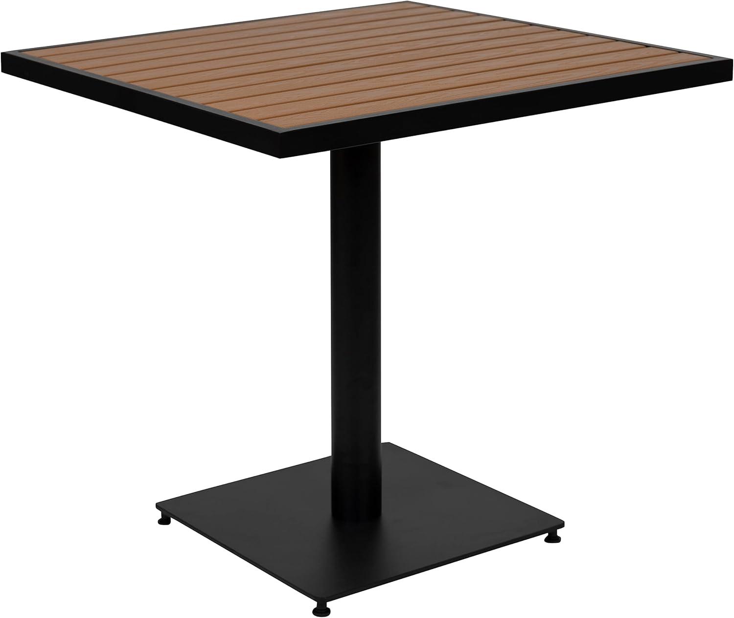 image:imageFlash Furniture 5 Piece Patio Dining Table Set IndoorOutdoor Black Steel Framed 30 Square Faux Teak Table 4 Stacking Club Chairs with Teak Accented Arms