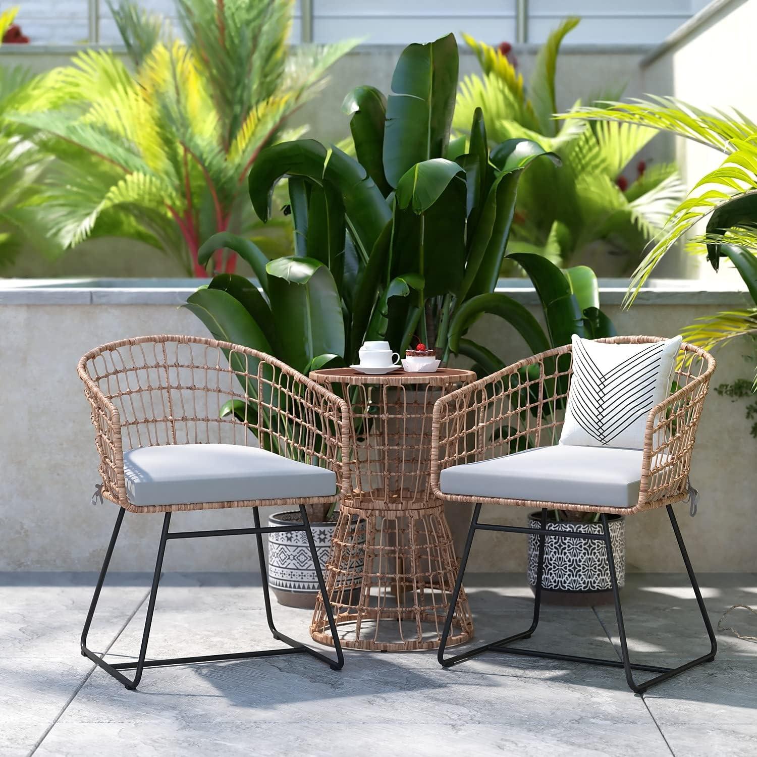 image:imageFlash Furniture Devon 3Piece IndoorOutdoor Bistro Set Natural Finish Rattan Rope Chairs Side Table with Acacia Wood Top Light Gray Seat Cushions AllWeather
