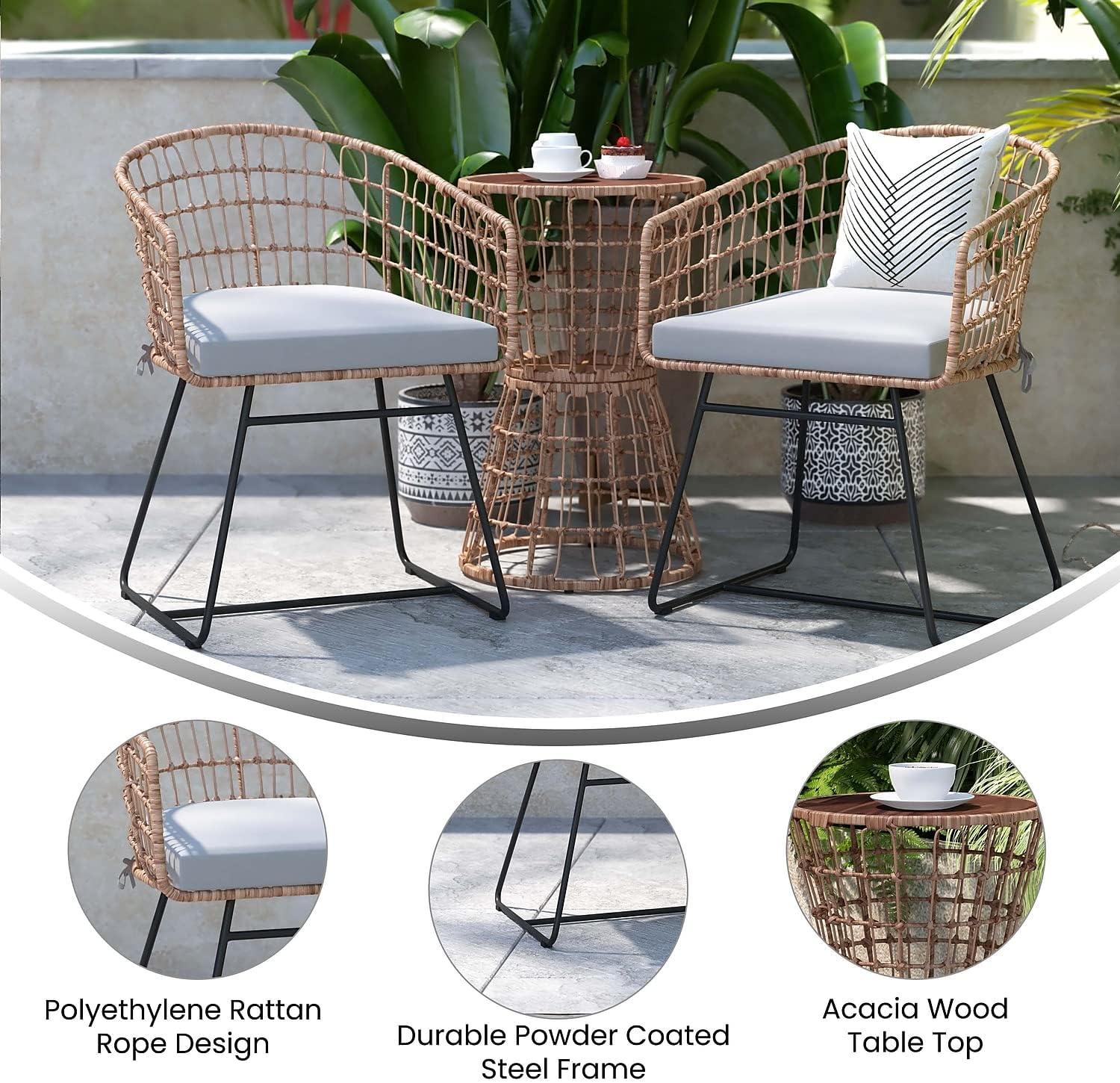 image:imageFlash Furniture Devon 3Piece IndoorOutdoor Bistro Set Natural Finish Rattan Rope Chairs Side Table with Acacia Wood Top Light Gray Seat Cushions AllWeather