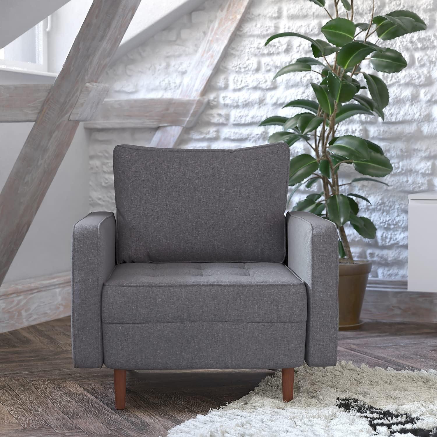 image:imageFlash Furniture Hudson Commercial MidCentury Modern Chair Dark Gray Faux Linen Upholstery Buttonless Tufted Seat Solid Wood LegsDark Gray