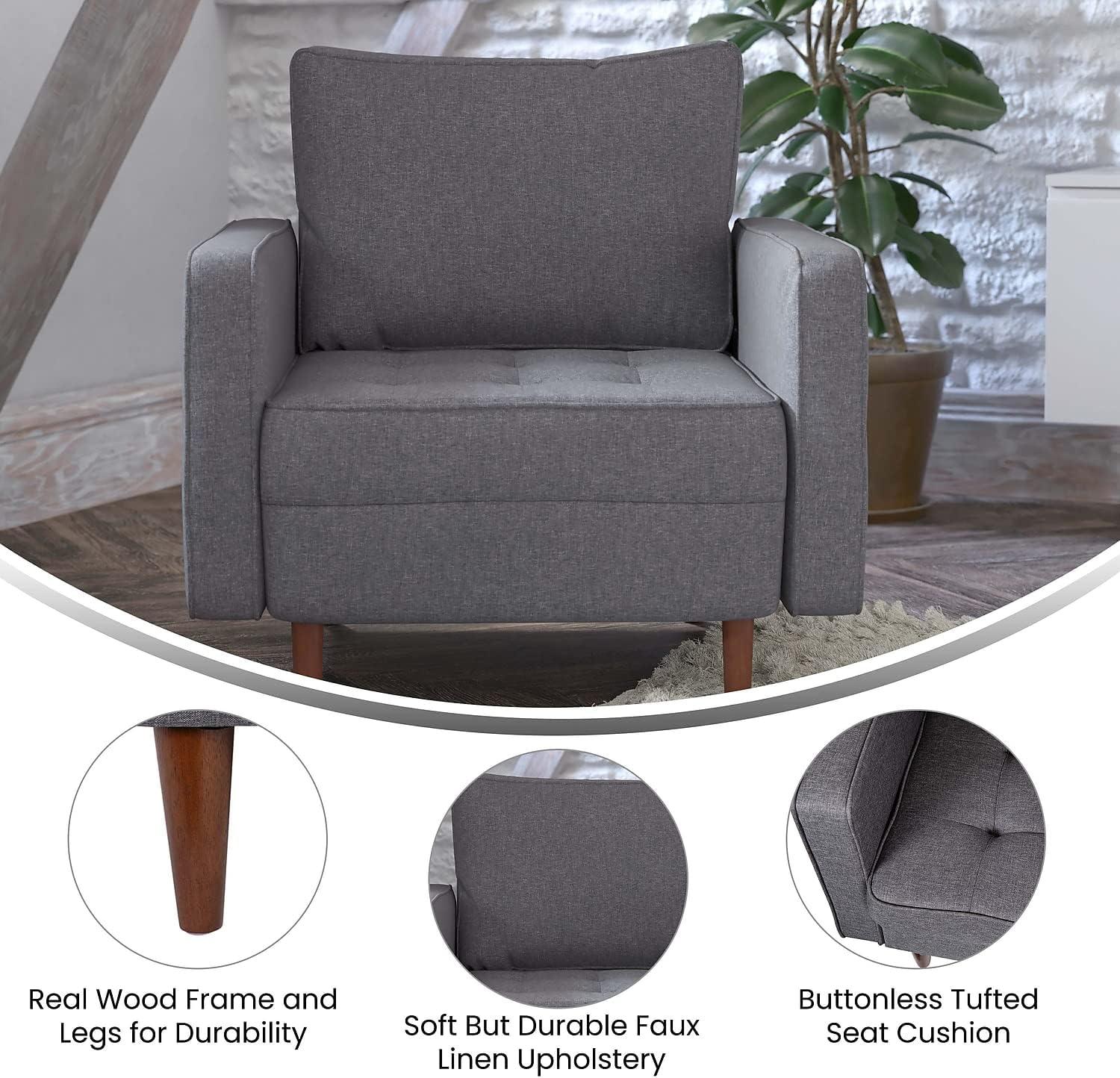 image:imageFlash Furniture Hudson Commercial MidCentury Modern Chair Dark Gray Faux Linen Upholstery Buttonless Tufted Seat Solid Wood LegsDark Gray