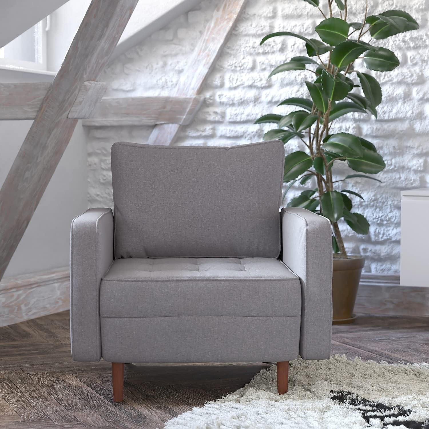 image:imageFlash Furniture Hudson Commercial MidCentury Modern Chair Dark Gray Faux Linen Upholstery Buttonless Tufted Seat Solid Wood LegsSlate Gray