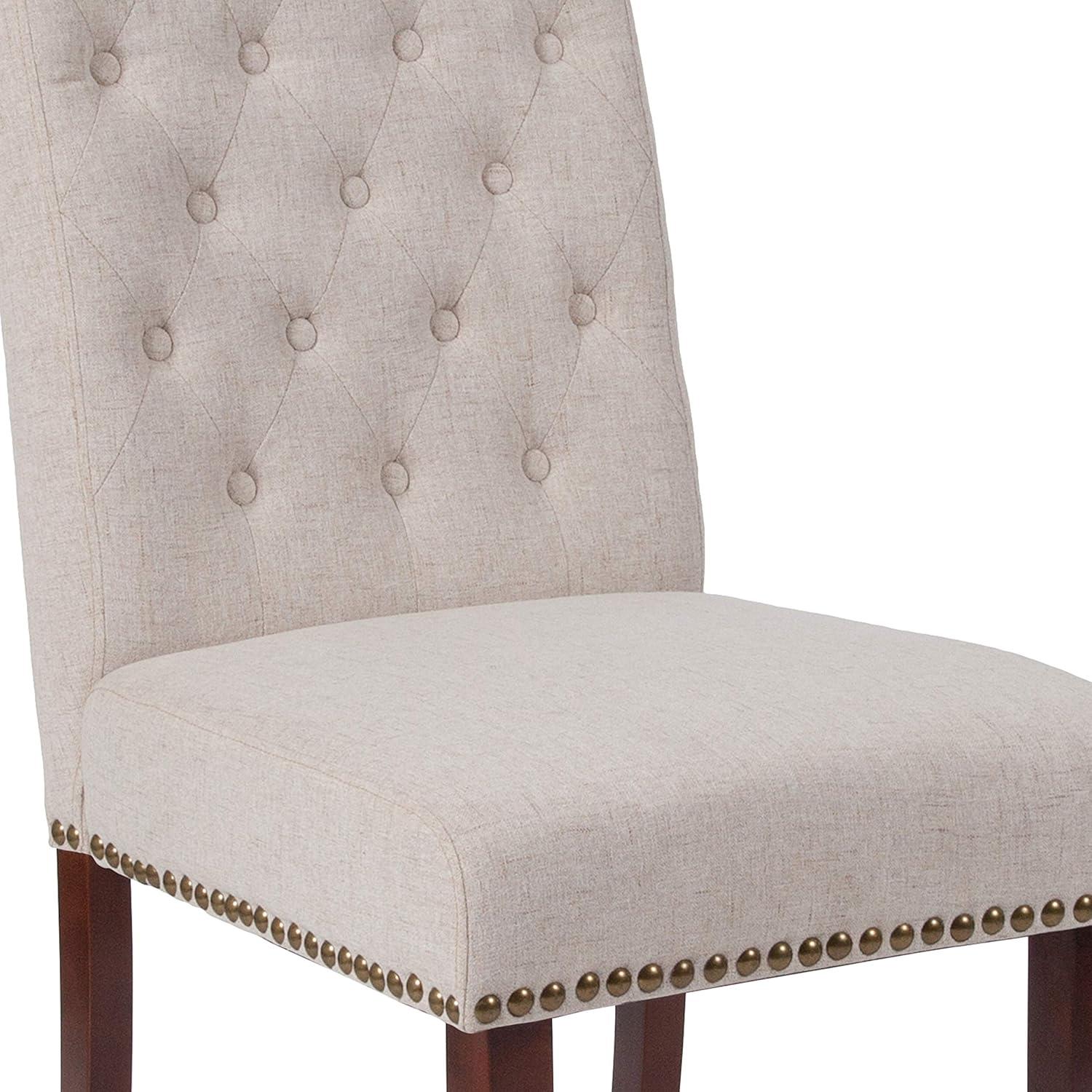 image:imageFlash Furniture Set of 4 Hercules Series Beige Fabric Parsons Chairs with Rolled Back Accent Nail Trim and Walnut Finish