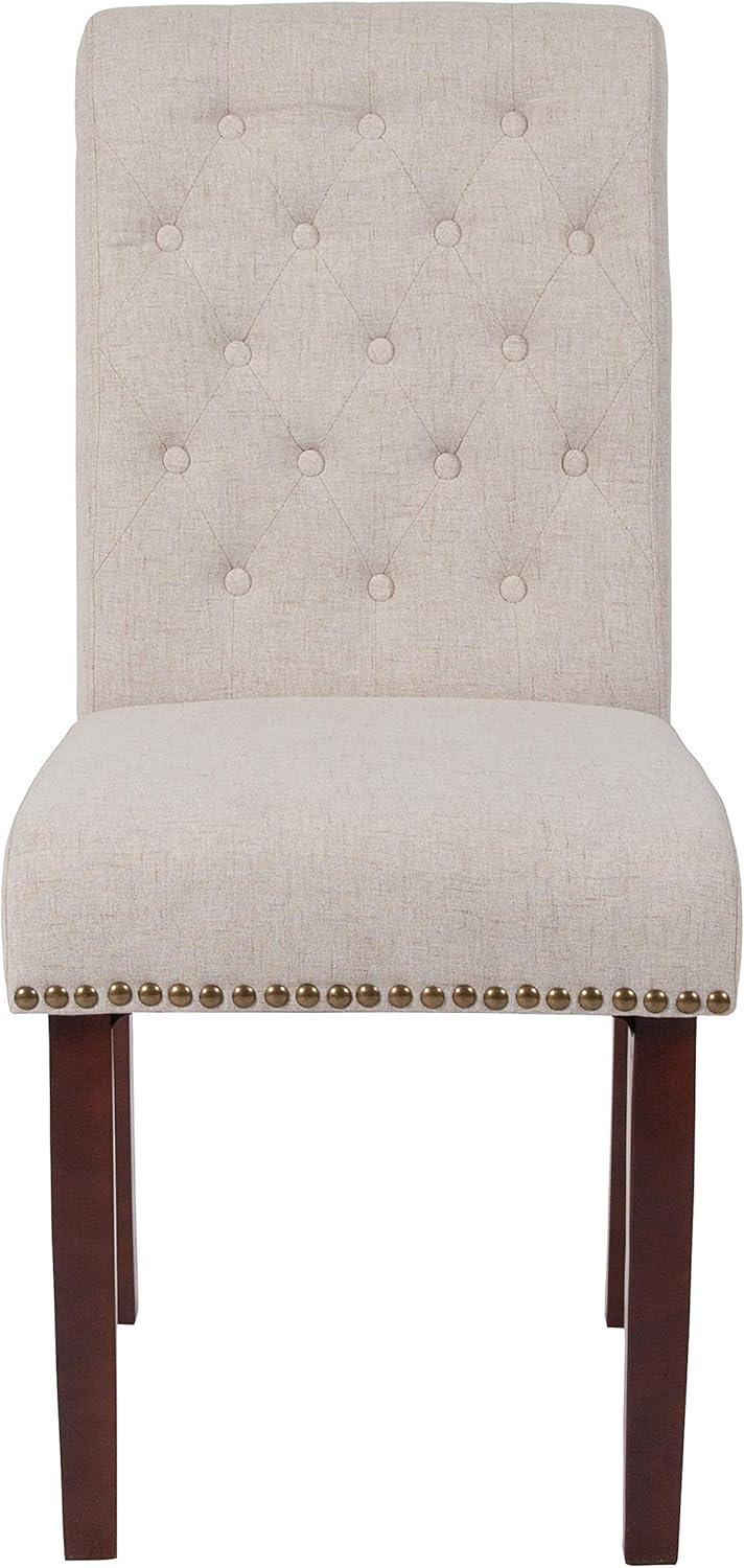 image:imageFlash Furniture Set of 4 Hercules Series Beige Fabric Parsons Chairs with Rolled Back Accent Nail Trim and Walnut Finish