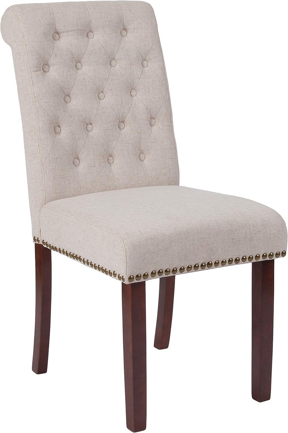 image:imageFlash Furniture Set of 4 Hercules Series Beige Fabric Parsons Chairs with Rolled Back Accent Nail Trim and Walnut Finish