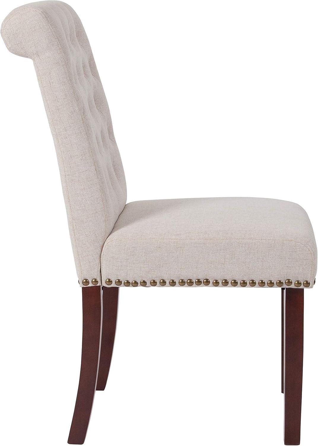 image:imageFlash Furniture Set of 4 Hercules Series Beige Fabric Parsons Chairs with Rolled Back Accent Nail Trim and Walnut Finish