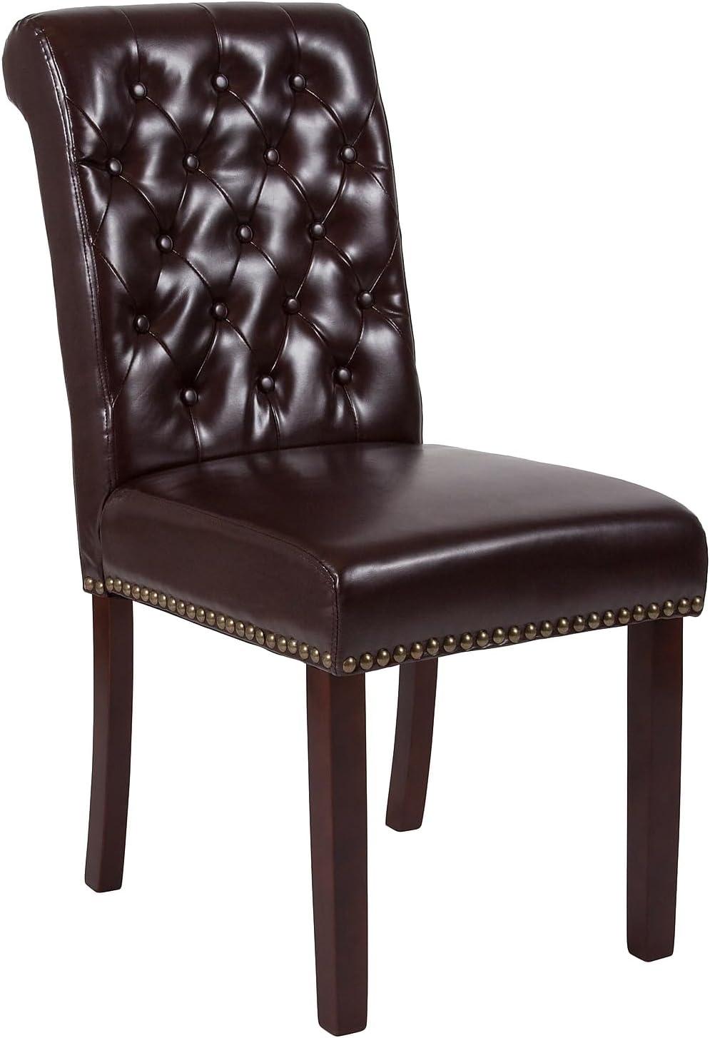 image:imageFlash Furniture Set of 4 Hercules Series Brown LeatherSoft Parsons Chairs with Rolled Back Accent Nail Trim and Walnut Finish