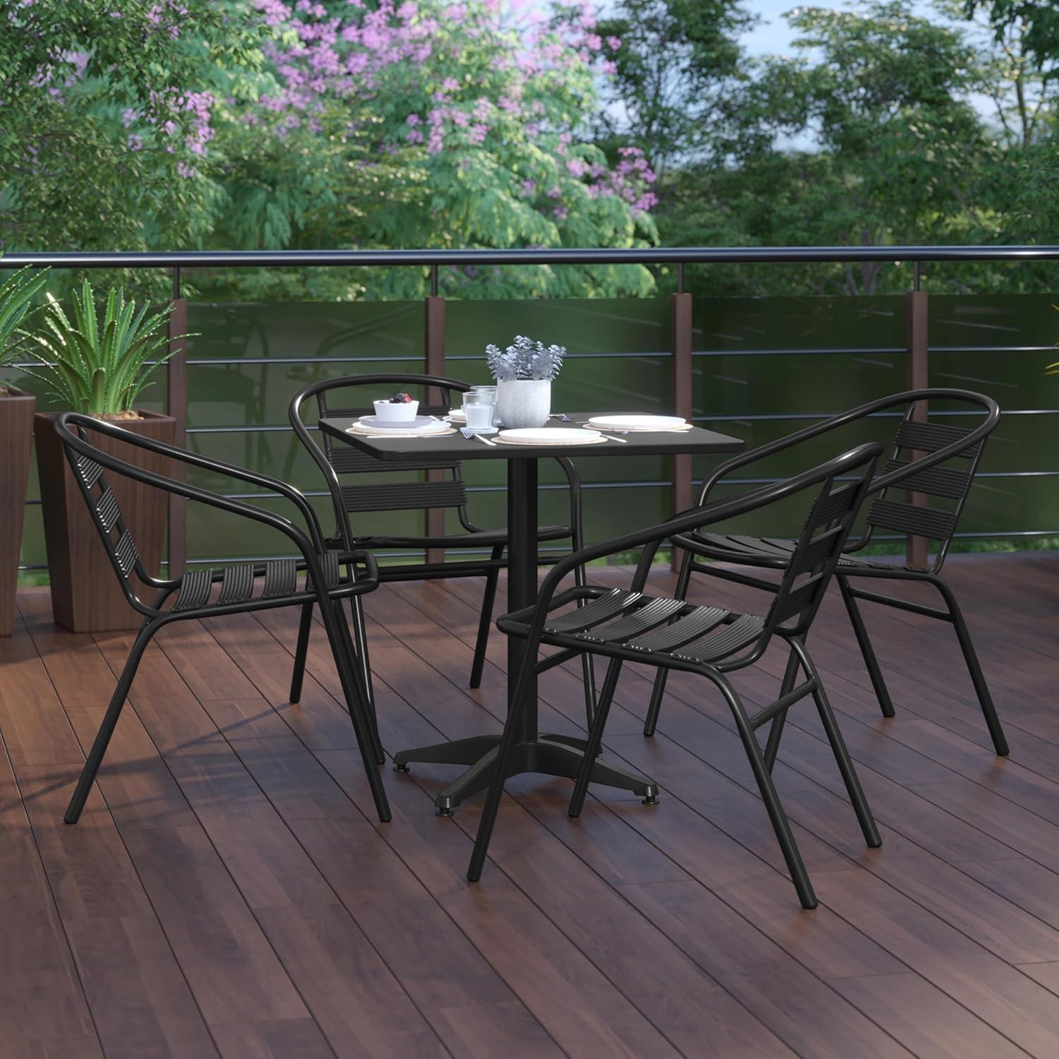 image:imageFlash Furniture TLHALUM28SQ017BK4GG Lila 275 Square Aluminum IndoorOutdoor Table Set with 4 Slat Back Chairs BlackBlack