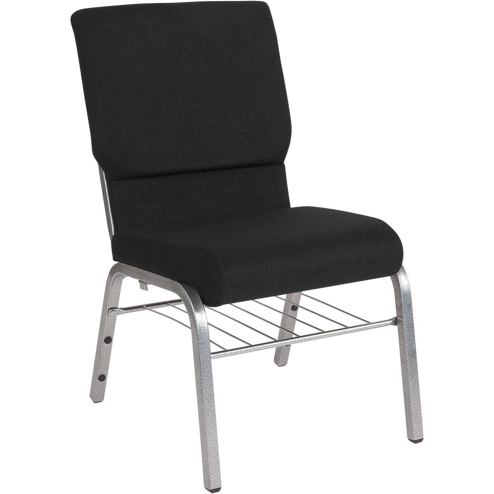 image:imageFlash Furniture 4 Pack HERCULES Series 185W Church Chair in Black Fabric with Book Rack Silver Vein FrameBlack FabricSilver Vein Frame